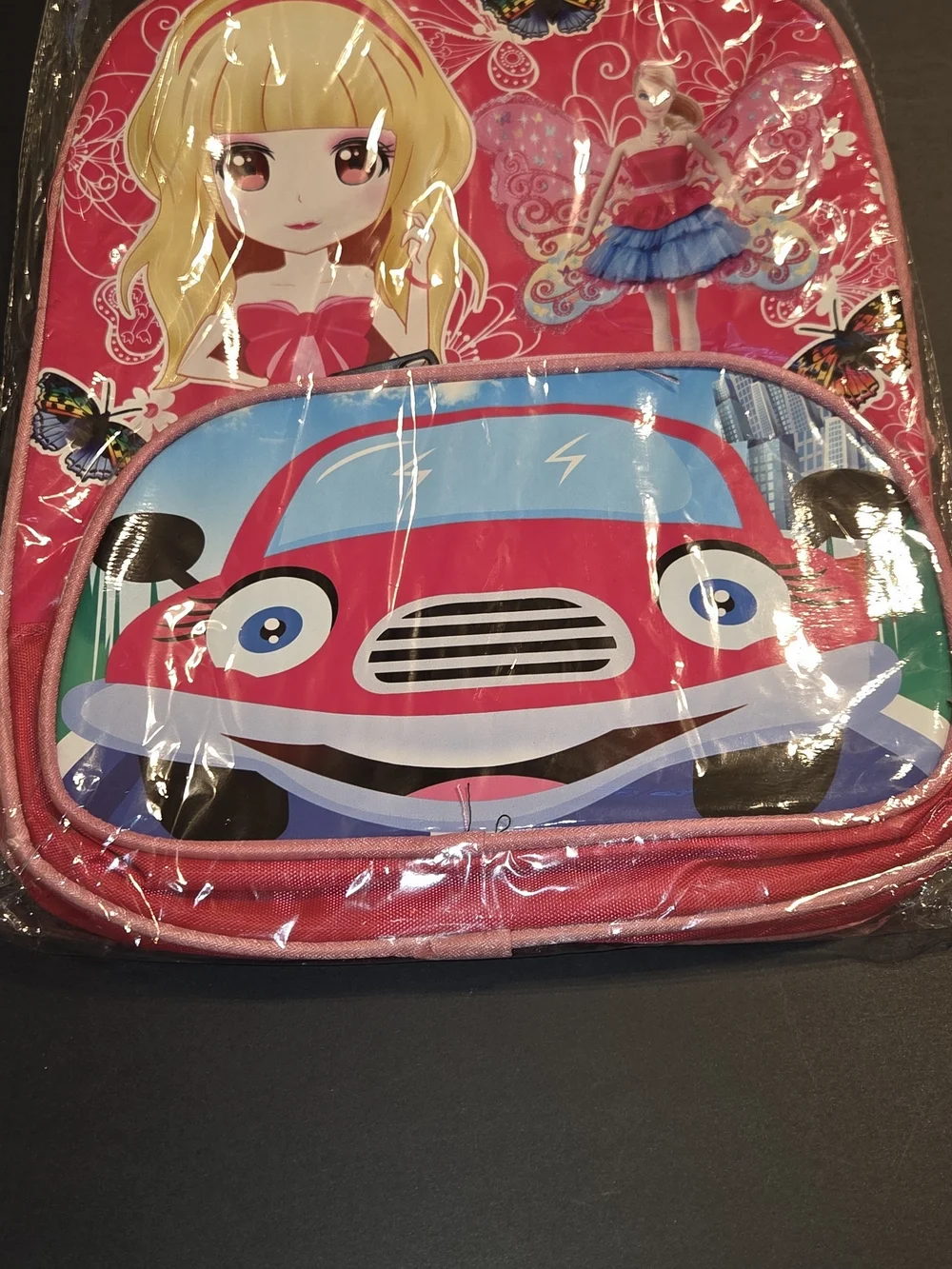 Kids Pink Cartoon Car & Doll Backpack - New